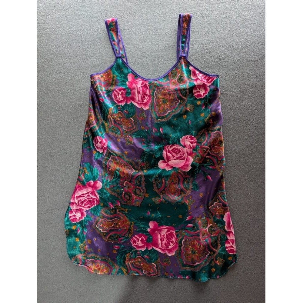Vintage Adonna Floral Paisley Satin Nightgown Slip Dress Womens M Made in USA
